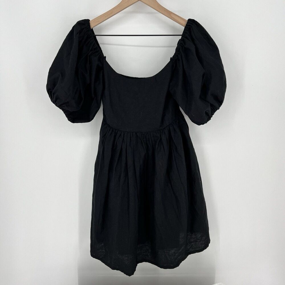 Elf Smocked 100% Linen Black Off The Shoulder Dress Size Small Handmade Bali